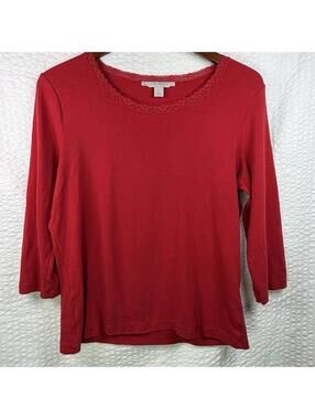 Laura Ashley Red Long Sleeve Blouse Shirt Top Lace Embellishment Large Cotton